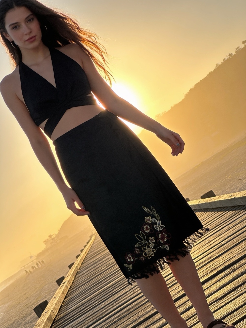 Graff NWT Black Wrap skirt with  Embroidered Floral Border & Fringe